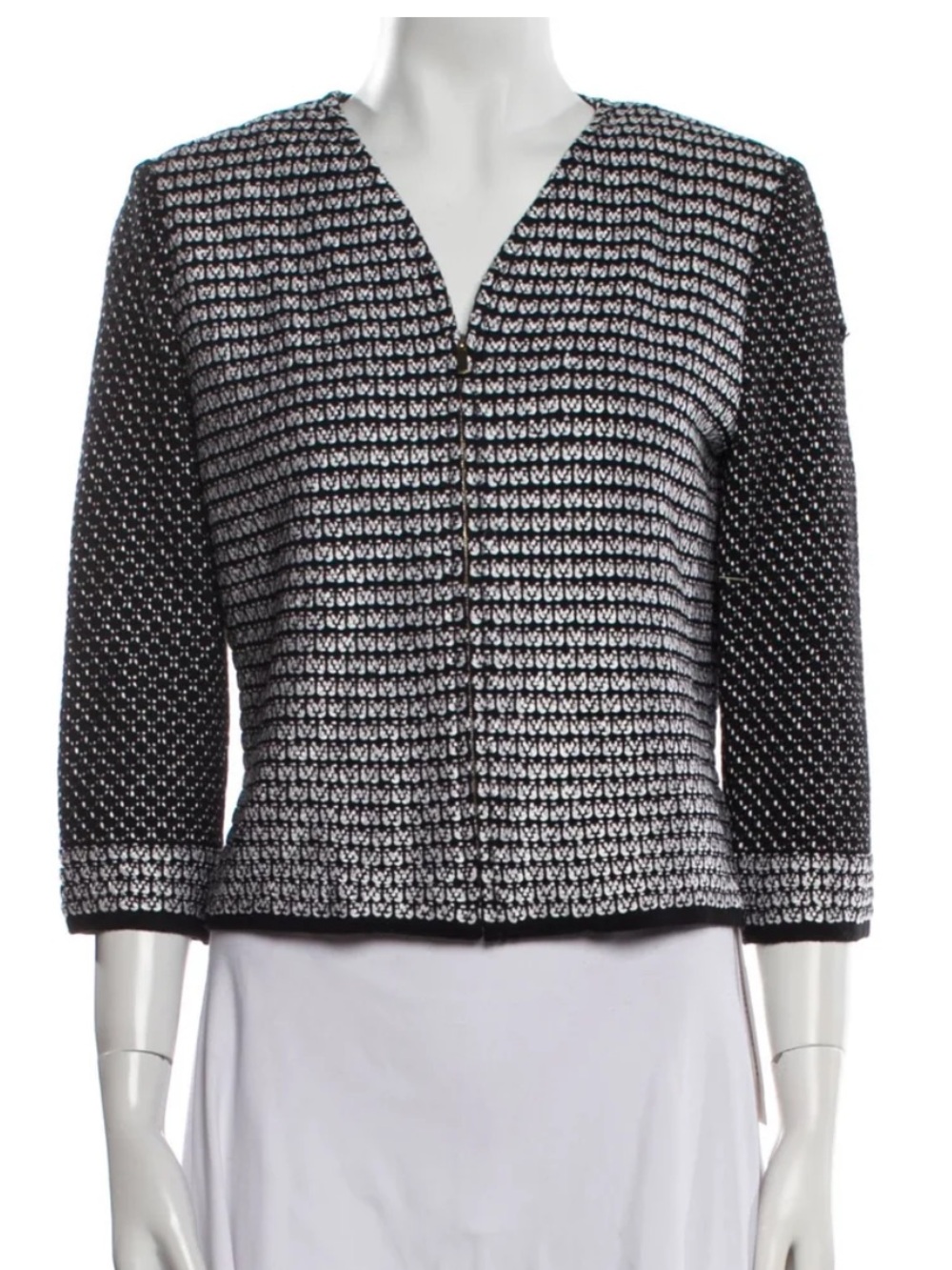 St. John Black/White Zippered Wool Sweater
